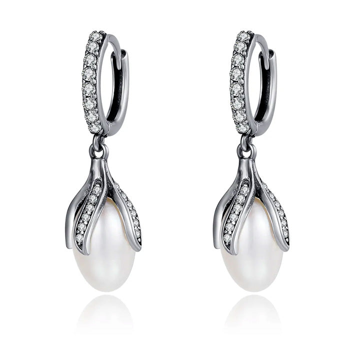 Sterling Silver Brilliant Pearl Flower Drop Huggie Hypoallergenic Earrings