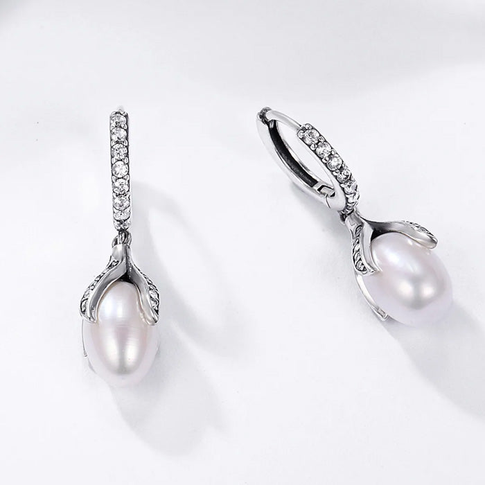 Sterling Silver Brilliant Pearl Flower Drop Huggie Hypoallergenic Earrings