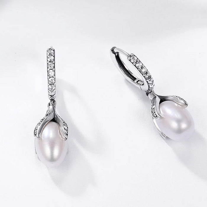 Sterling Silver Brilliant Pearl Flower Drop Huggie Hypoallergenic Earrings