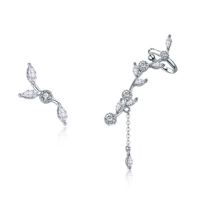Sterling Silver Sacred Branch of Leaves Cuff Stud Hypoallergenic Earrings