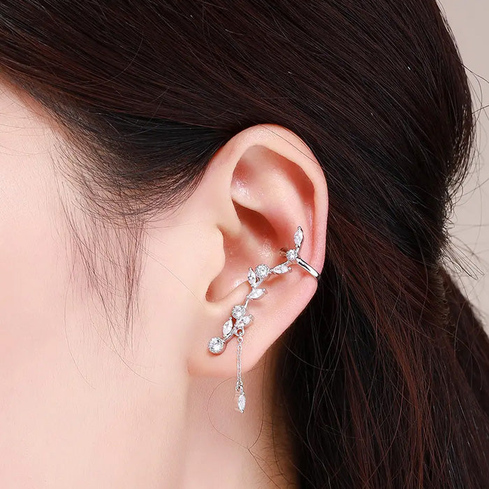 Sterling Silver Sacred Branch of Leaves Cuff Stud Hypoallergenic Earrings