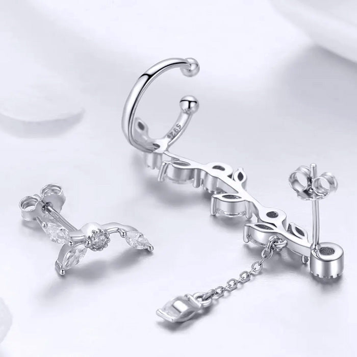 Sterling Silver Sacred Branch of Leaves Cuff Stud Hypoallergenic Earrings
