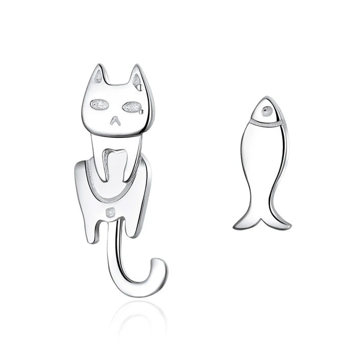 Sterling Silver Cat & Fish Stud Hypoallergenic Earrings