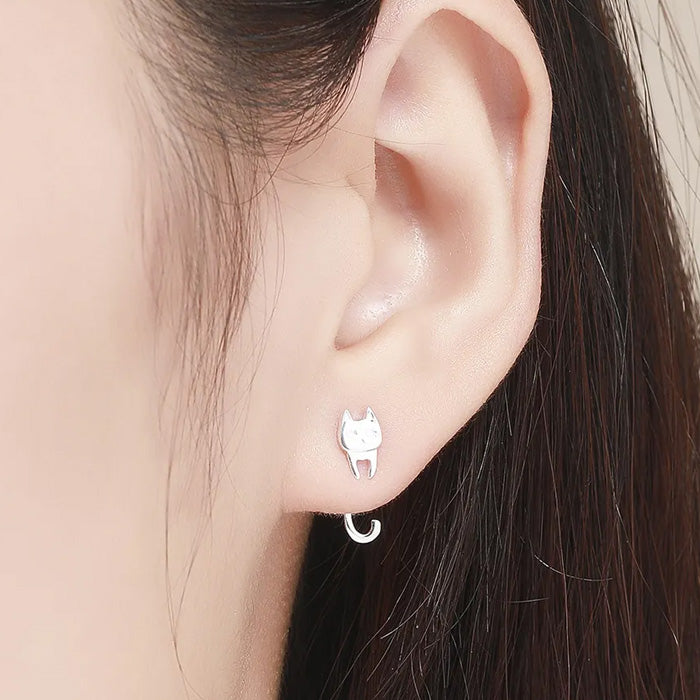 Sterling Silver Cat & Fish Stud Hypoallergenic Earrings