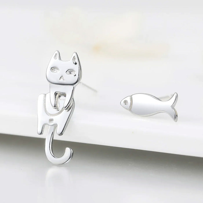Sterling Silver Cat & Fish Stud Hypoallergenic Earrings