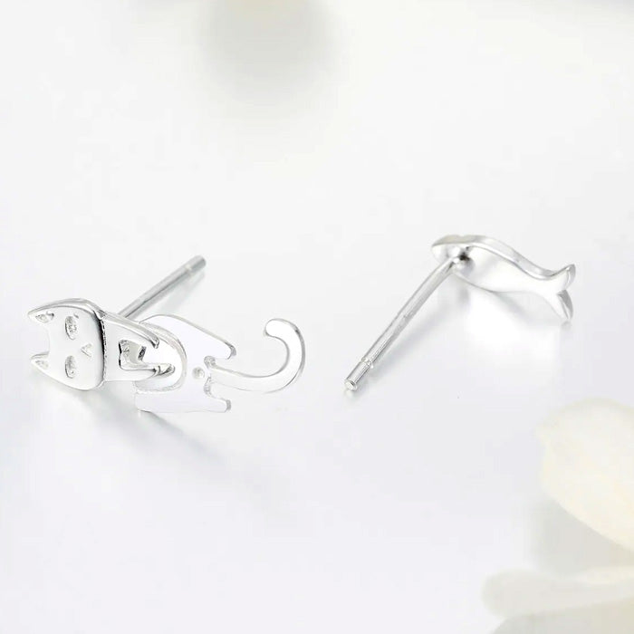 Sterling Silver Cat & Fish Stud Hypoallergenic Earrings