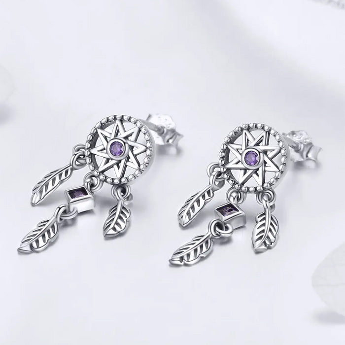 Sterling Silver Vintage Dream Catcher Drop Stud Hypoallergenic Earrings
