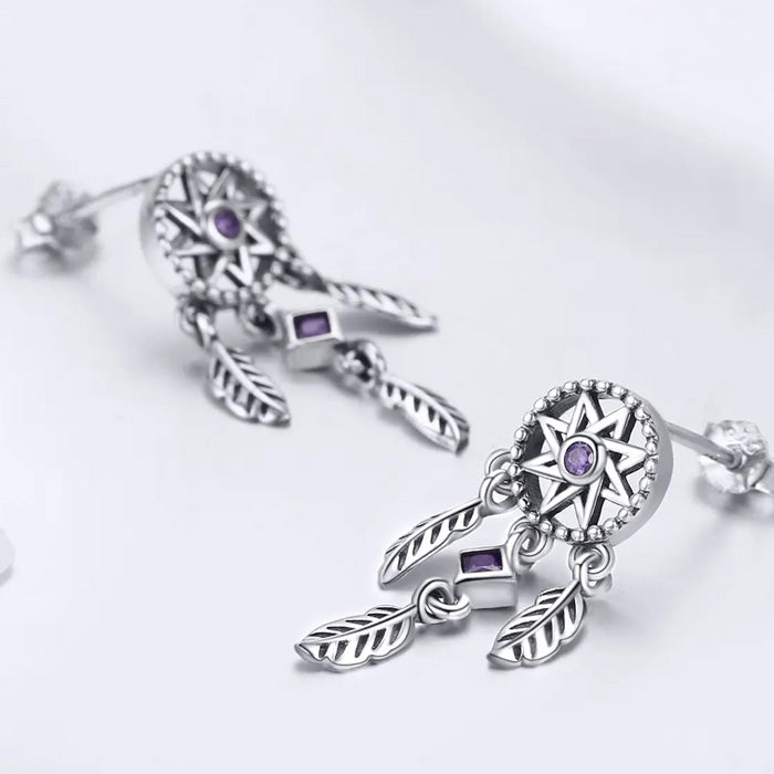 Sterling Silver Vintage Dream Catcher Drop Stud Hypoallergenic Earrings