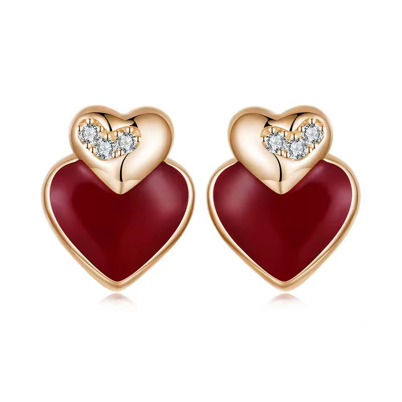 Sterling Silver Angela Red Double Heart Stud Hypoallergenic Earrings