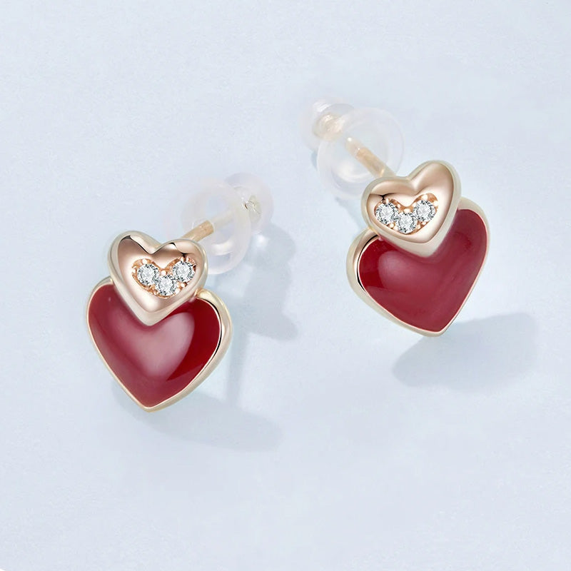 Sterling Silver Angela Red Double Heart Stud Hypoallergenic Earrings