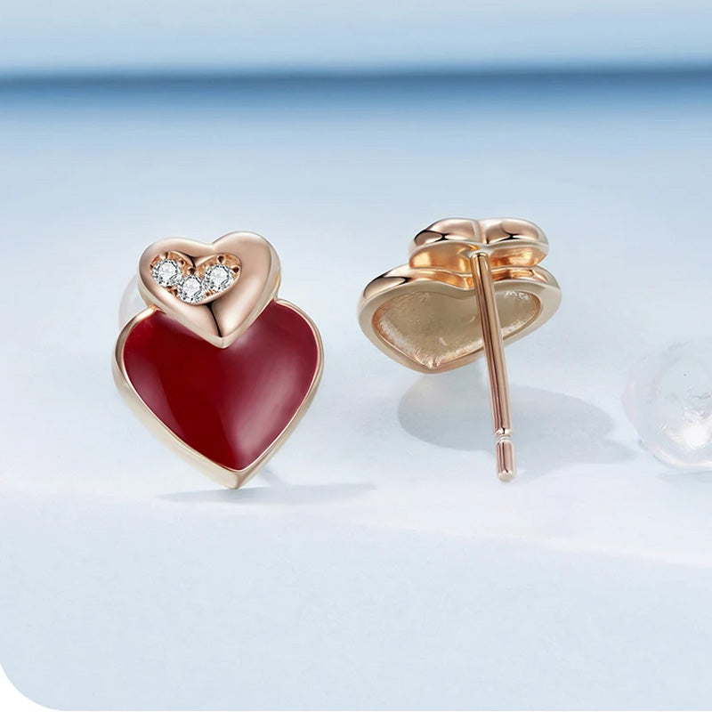 Sterling Silver Angela Red Double Heart Stud Hypoallergenic Earrings