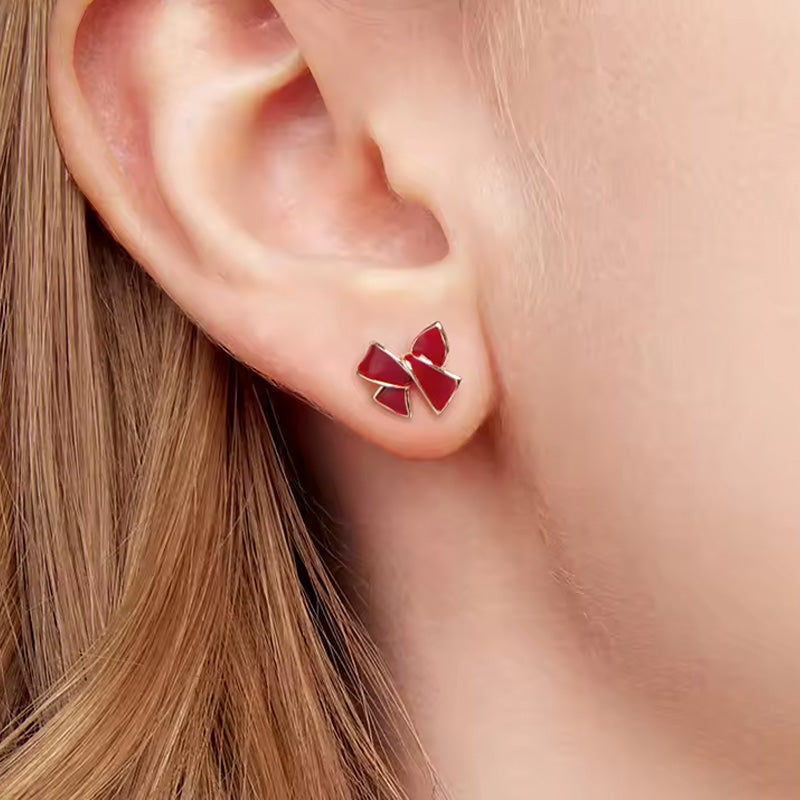 Sterling Silver Angela Red Bowknot Stud Hypoallergenic Earrings