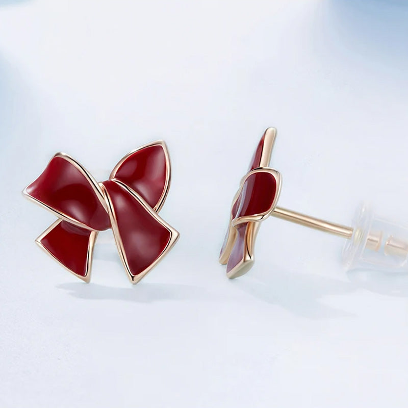 Sterling Silver Angela Red Bowknot Stud Hypoallergenic Earrings