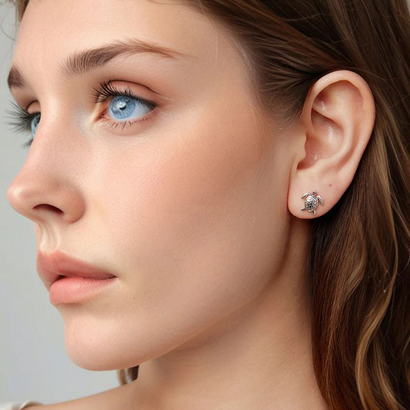 Sterling Silver Lucky Turtle Stud Hypoallergenic Earrings