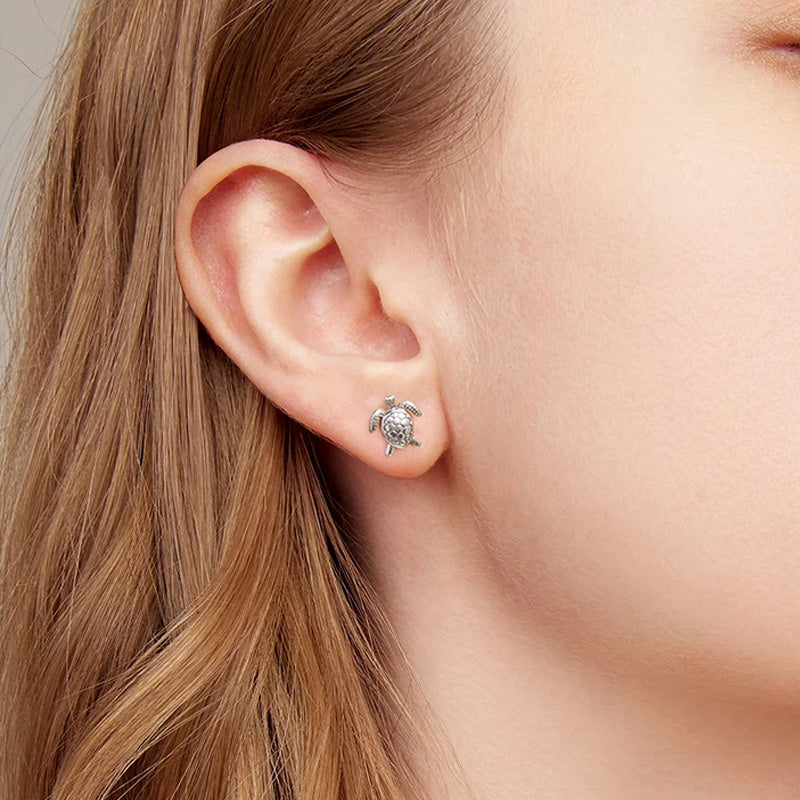 Sterling Silver Lucky Turtle Stud Hypoallergenic Earrings