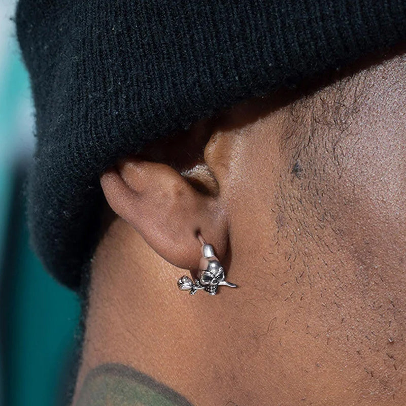 Sterling Silver Rose Skull Huggie Hypoallergenic Earrings