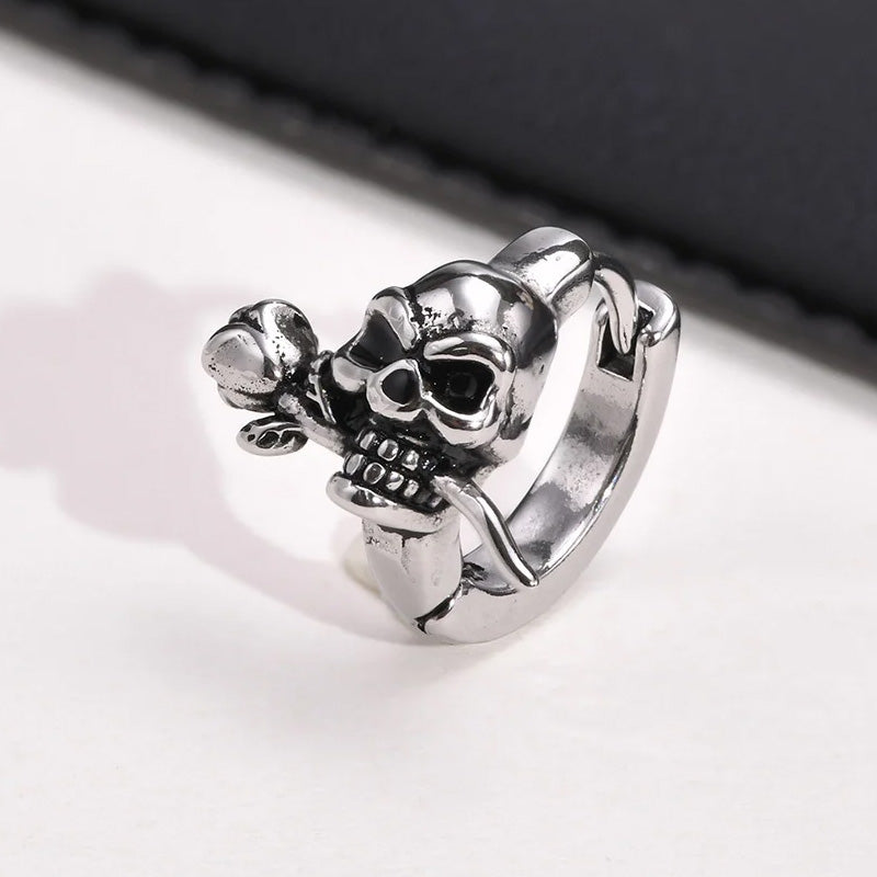 Sterling Silver Rose Skull Huggie Hypoallergenic Earrings