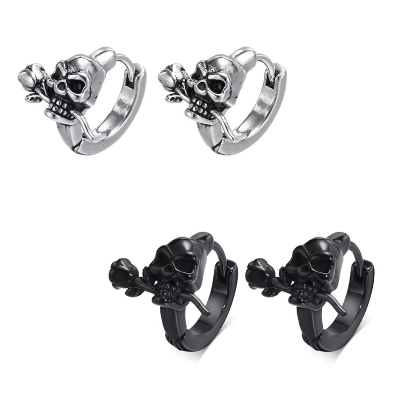 Sterling Silver Rose Skull Huggie Hypoallergenic Earrings
