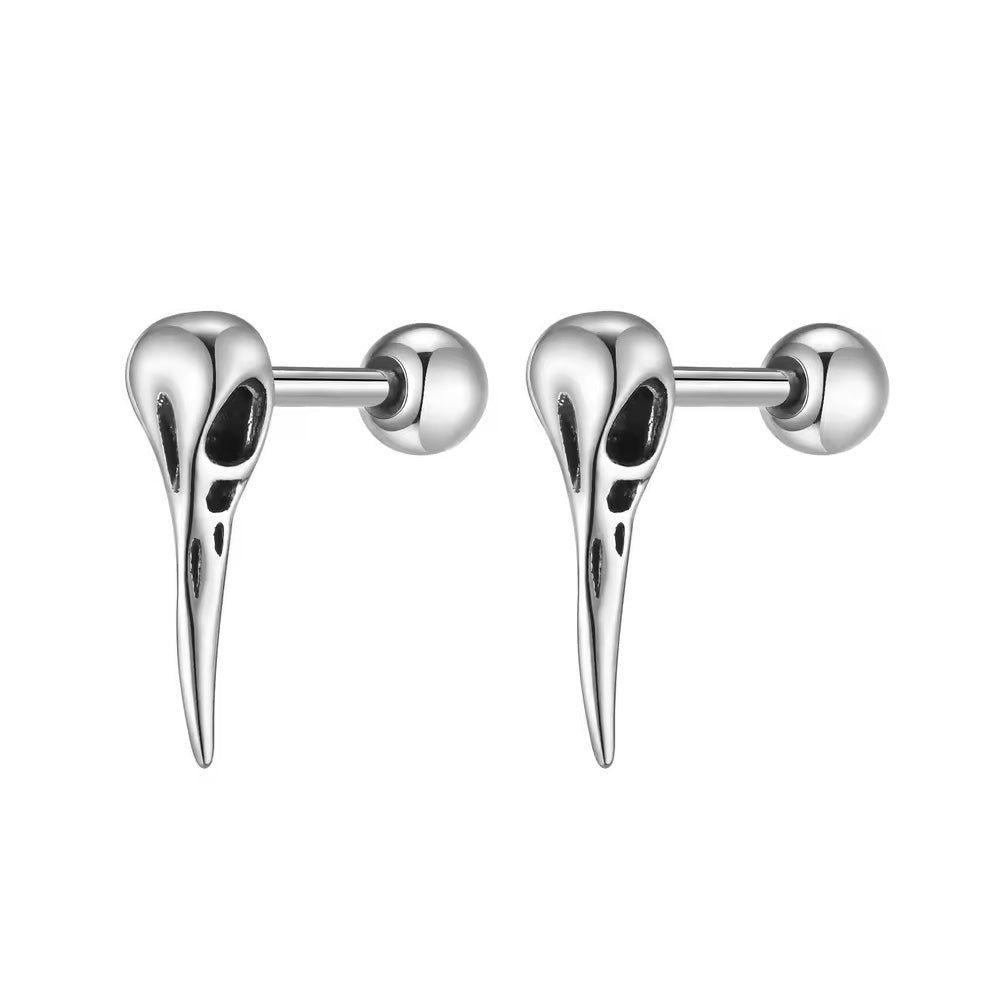 Stainless Steel Crow Skull Screw Stud Earrings