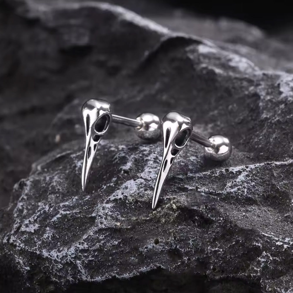 Stainless Steel Crow Skull Screw Stud Earrings