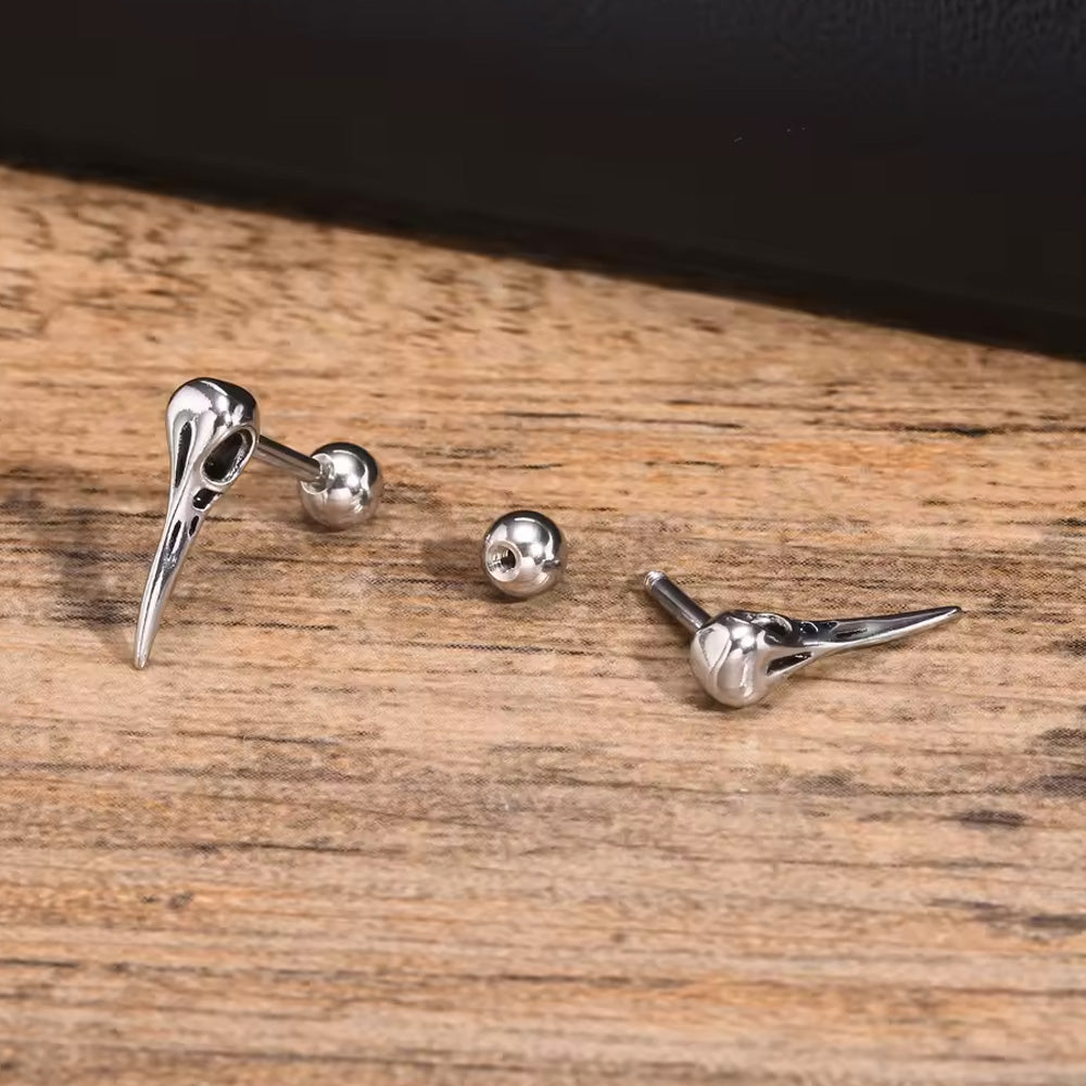 Stainless Steel Crow Skull Screw Stud Earrings