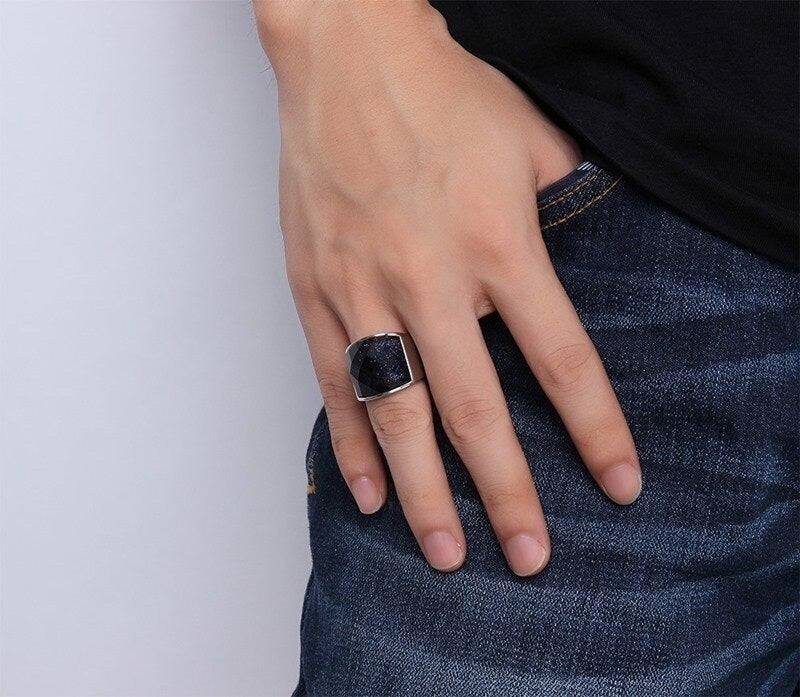 Stainless Steel Blue Square Sandstone Ring