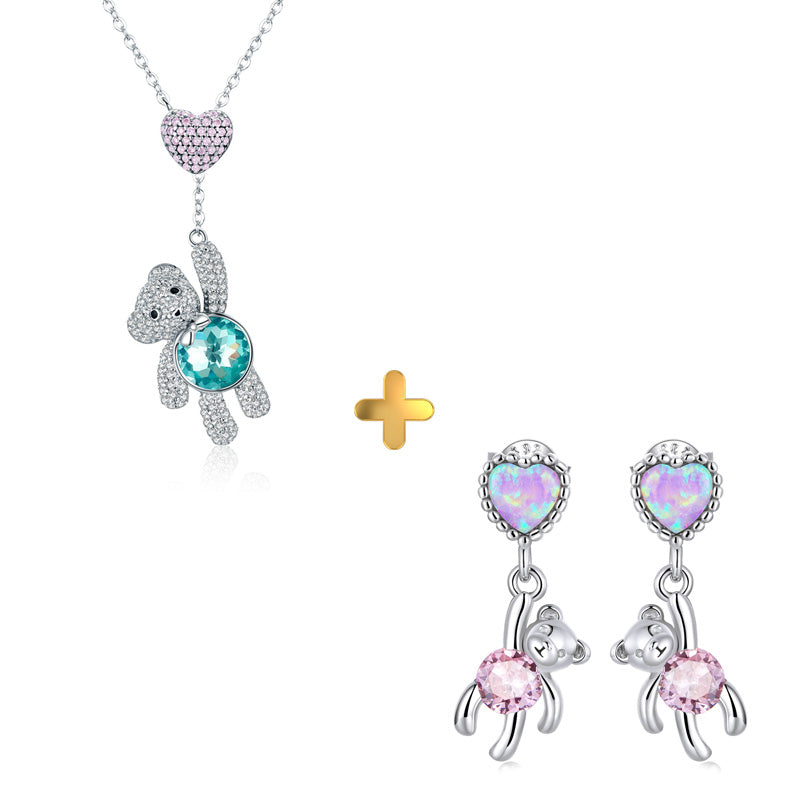 Sterling Silver Lovely Teddy Bear Stud Hypoallergenic Earrings + Necklace