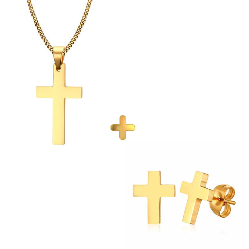 Stainless Steel Cross Stud Earrings + Necklace