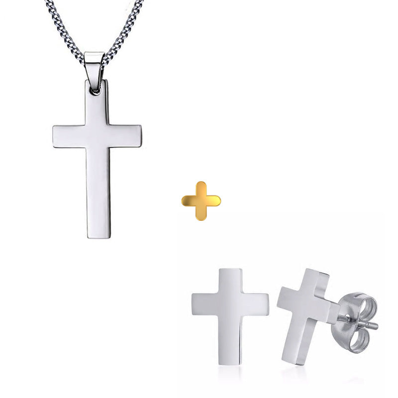 Stainless Steel Cross Stud Earrings + Necklace