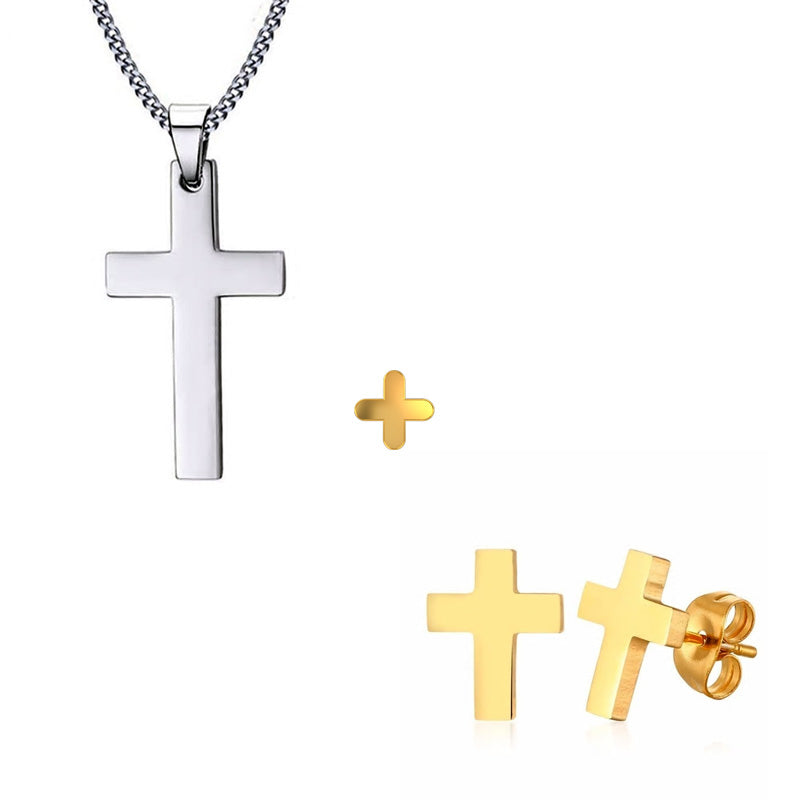 Stainless Steel Cross Stud Earrings + Necklace