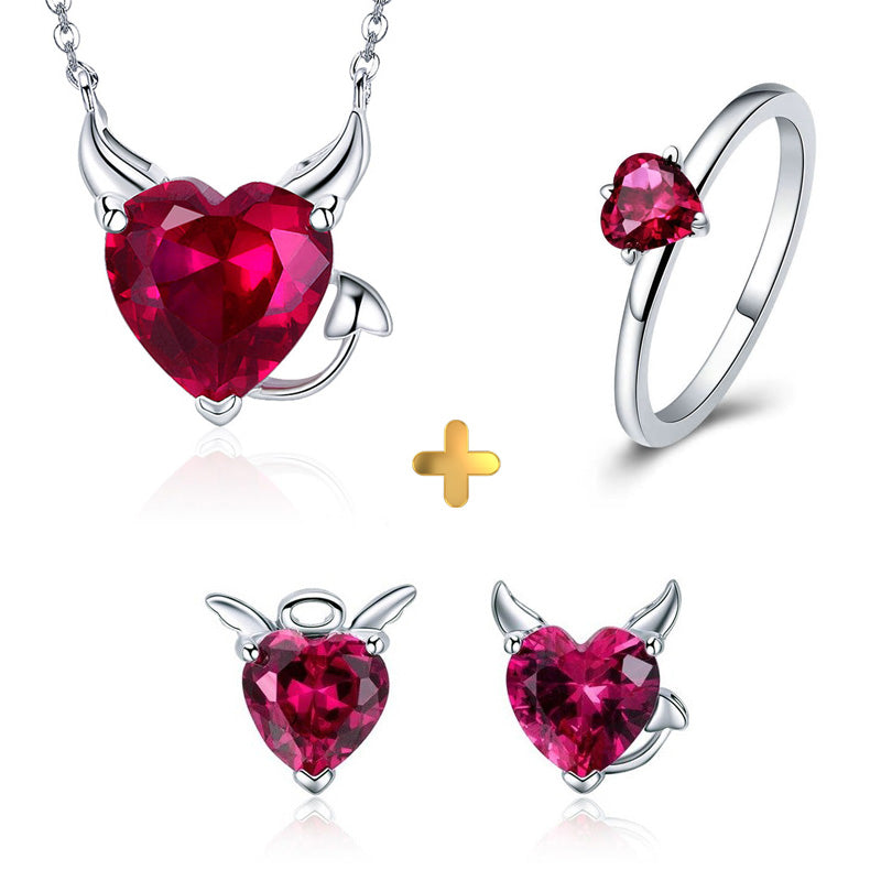 Sterling Silver Devil's Heart Earrings + Necklace + Ring