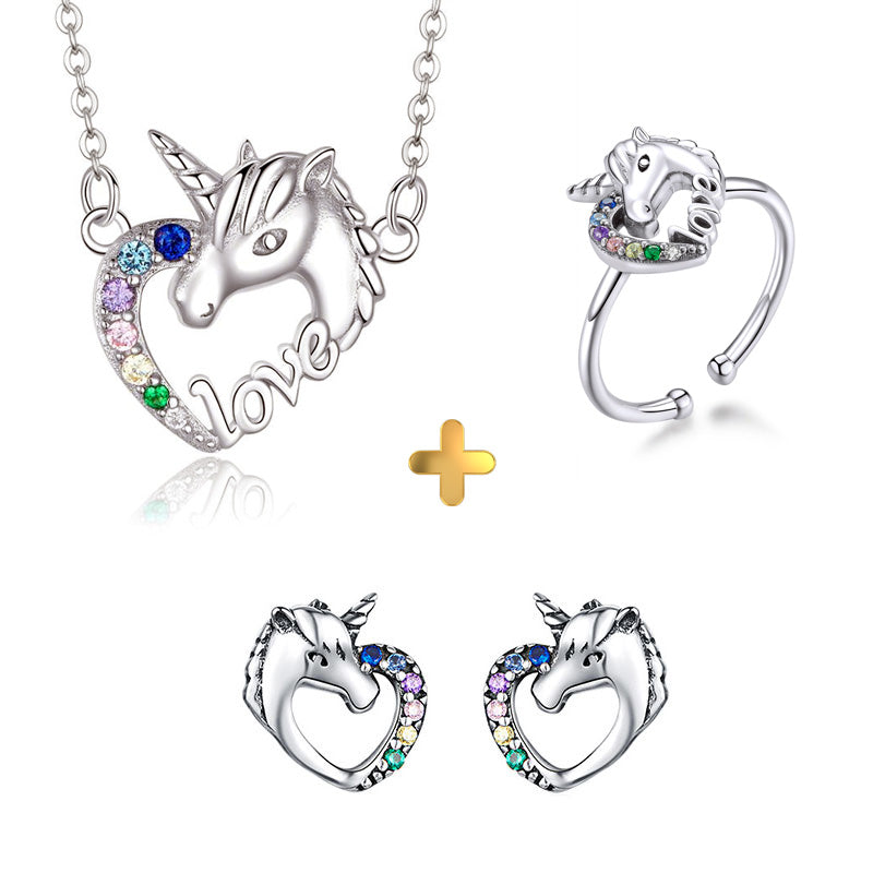 Sterling Silver Lucky Unicorn Earrings + Necklace + Ring