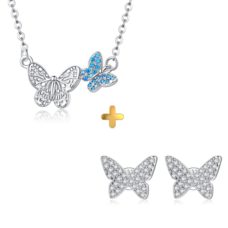 Sterling Silver Butterflies Stud Hypoallergenic Earrings + Necklace