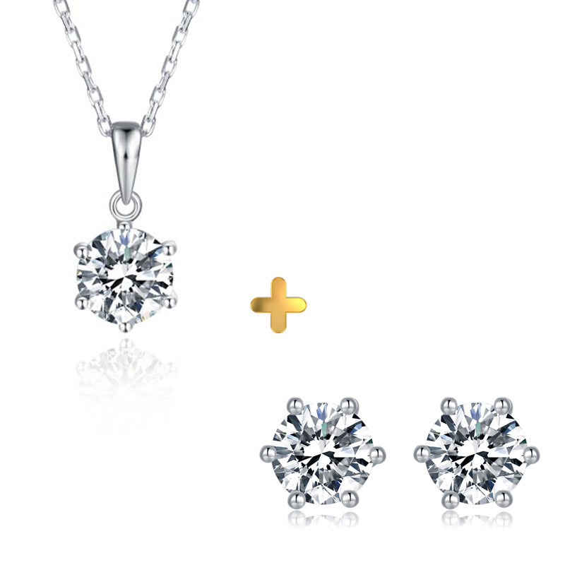 Sterling Silver Round Moissanite Stud Hypoallergenic Earrings + Necklace