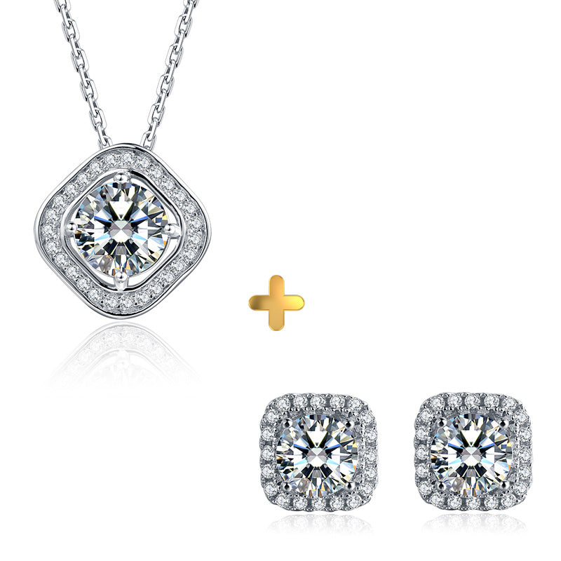 Sterling Silver Moissanite Square Stud Hypoallergenic Earrings + Necklace