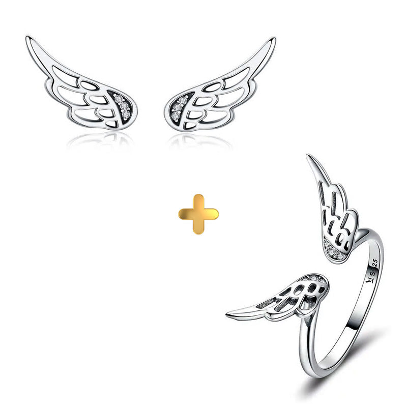 Sterling Silver Feather Wings Stud Earrings + Ring