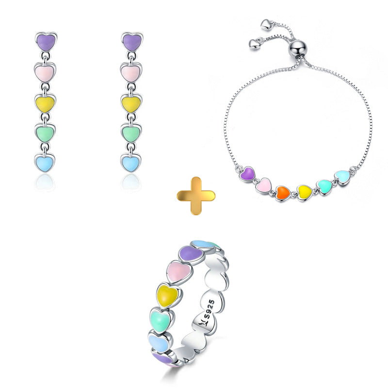 Sterling Silver Stackable Rainbow Heart Drop Earrings + Ring + Bracelet