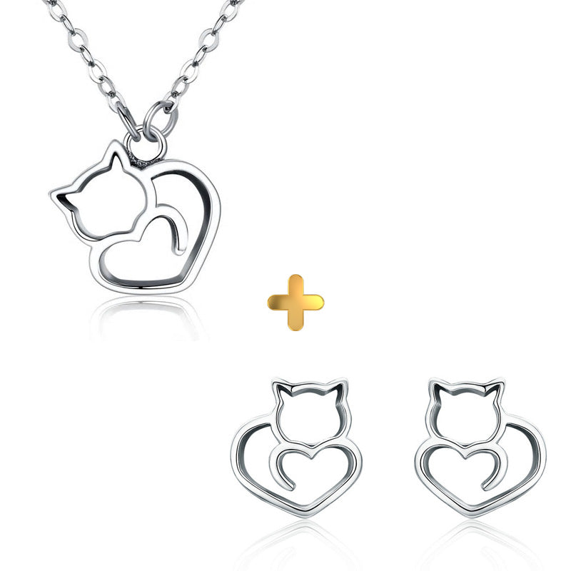 Sterling Silver Cat Tail Love Stud Earrings + Necklace