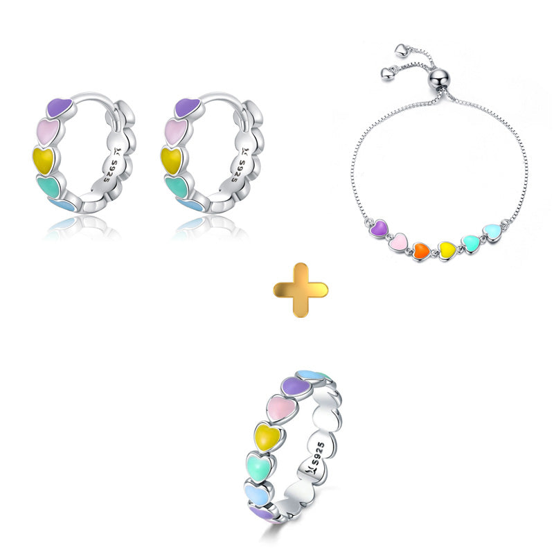 Sterling Silver Stackable Rainbow Heart Huggie Earrings + Bracelet + Ring