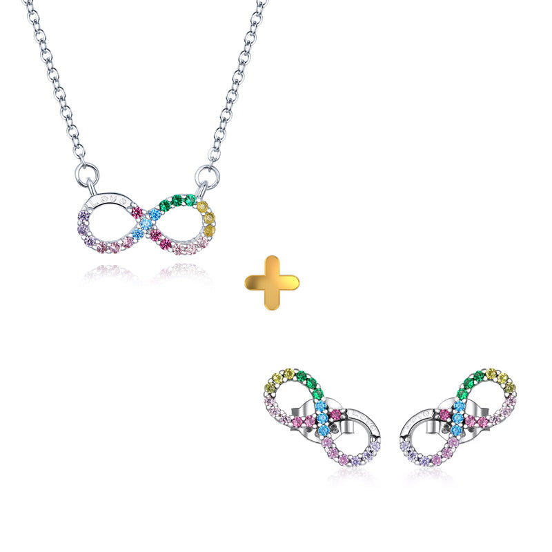 Sterling Silver Infinity Love Rainbow Hypoallergenic Stud Earrings + Necklace