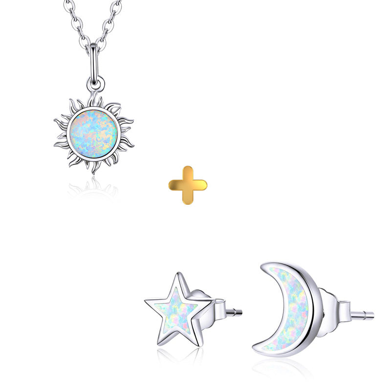 Sterling Silver Moon & Star Opal Stud Earrings + Sun Necklace