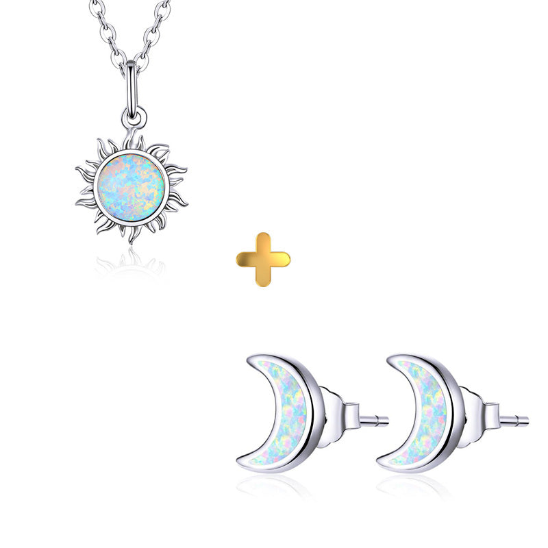 Sterling Silver Moon & Star Opal Stud Earrings + Sun Necklace