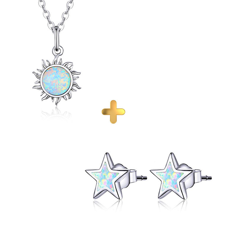 Sterling Silver Moon & Star Opal Stud Earrings + Sun Necklace