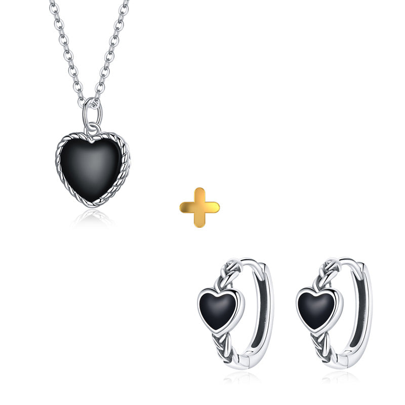 Sterling Silver Black Heart Huggie Hypoallergenic Earrings + Necklace