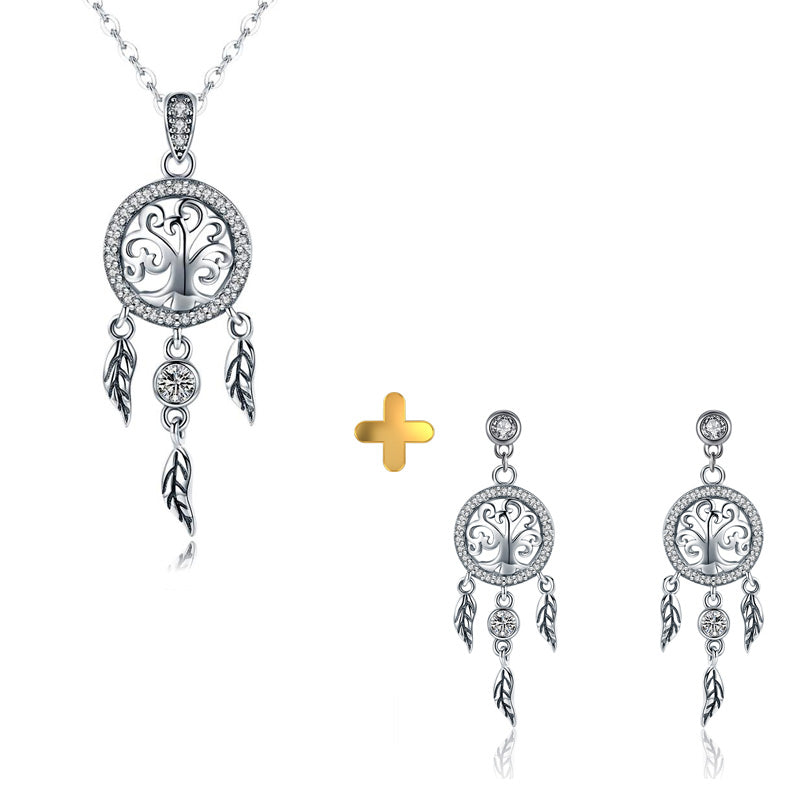 Sterling Silver Shiny Tree of Life Dream Catcher Stud Hypoallergenic Earrings + Necklace