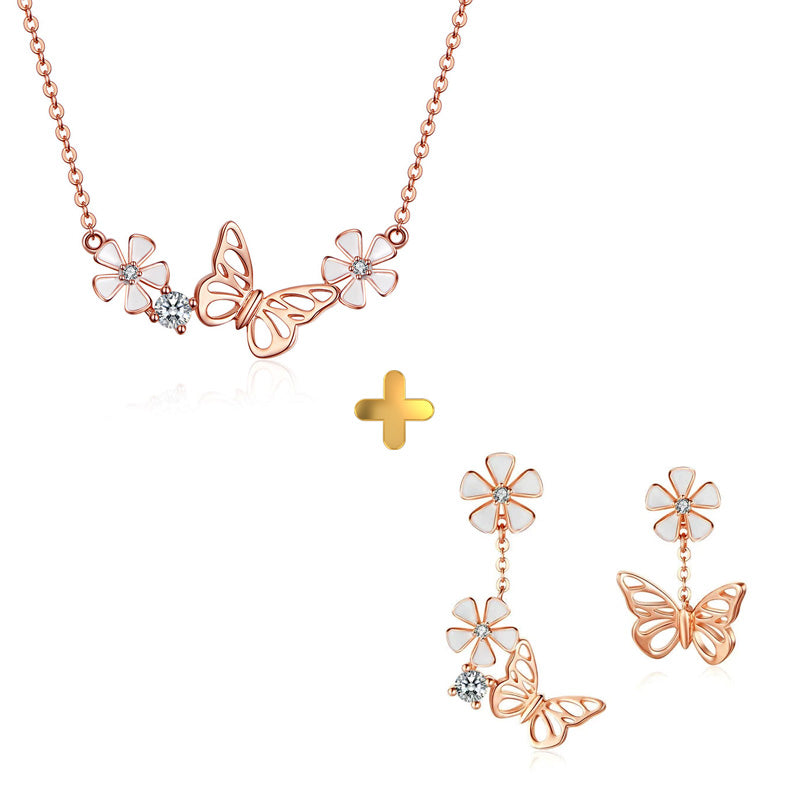 Sterling Silver Butterfly & Flower Stud Hypoallergenic Earrings + Necklace