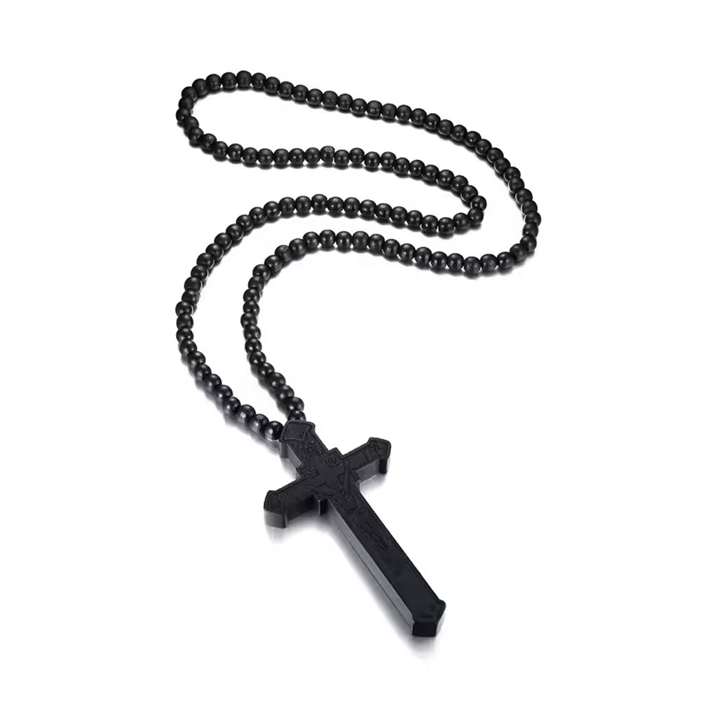 Long Wooden Cross Rosary Necklace