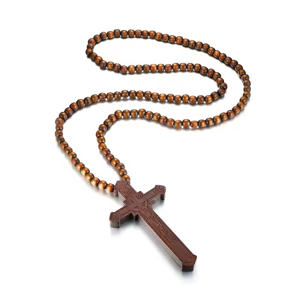 Long Wooden Cross Rosary Necklace