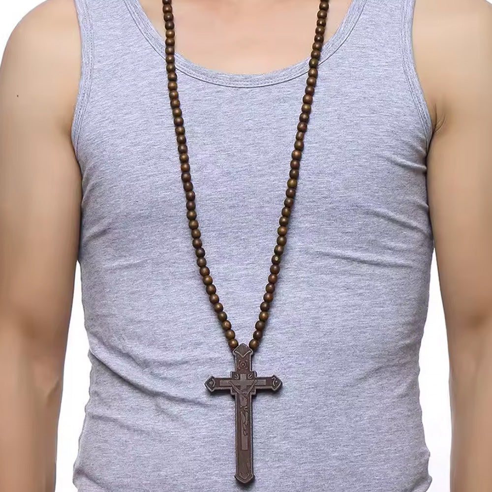 Long Wooden Cross Rosary Necklace