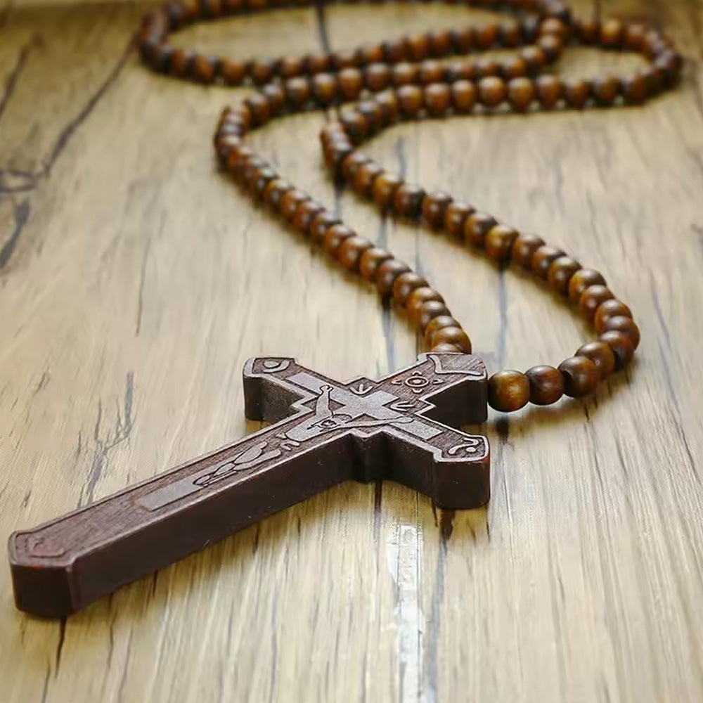 Long Wooden Cross Rosary Necklace